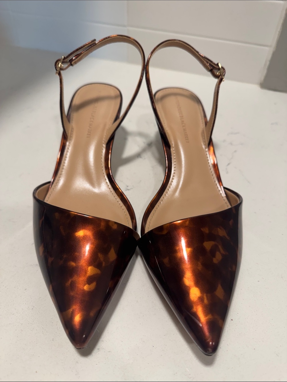 White House Black Market Womens Tortoise-Effect Pointed Slingback Flats